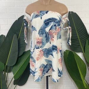 TOBI off the shoulder tropical leaf print tie sleeve tunic top